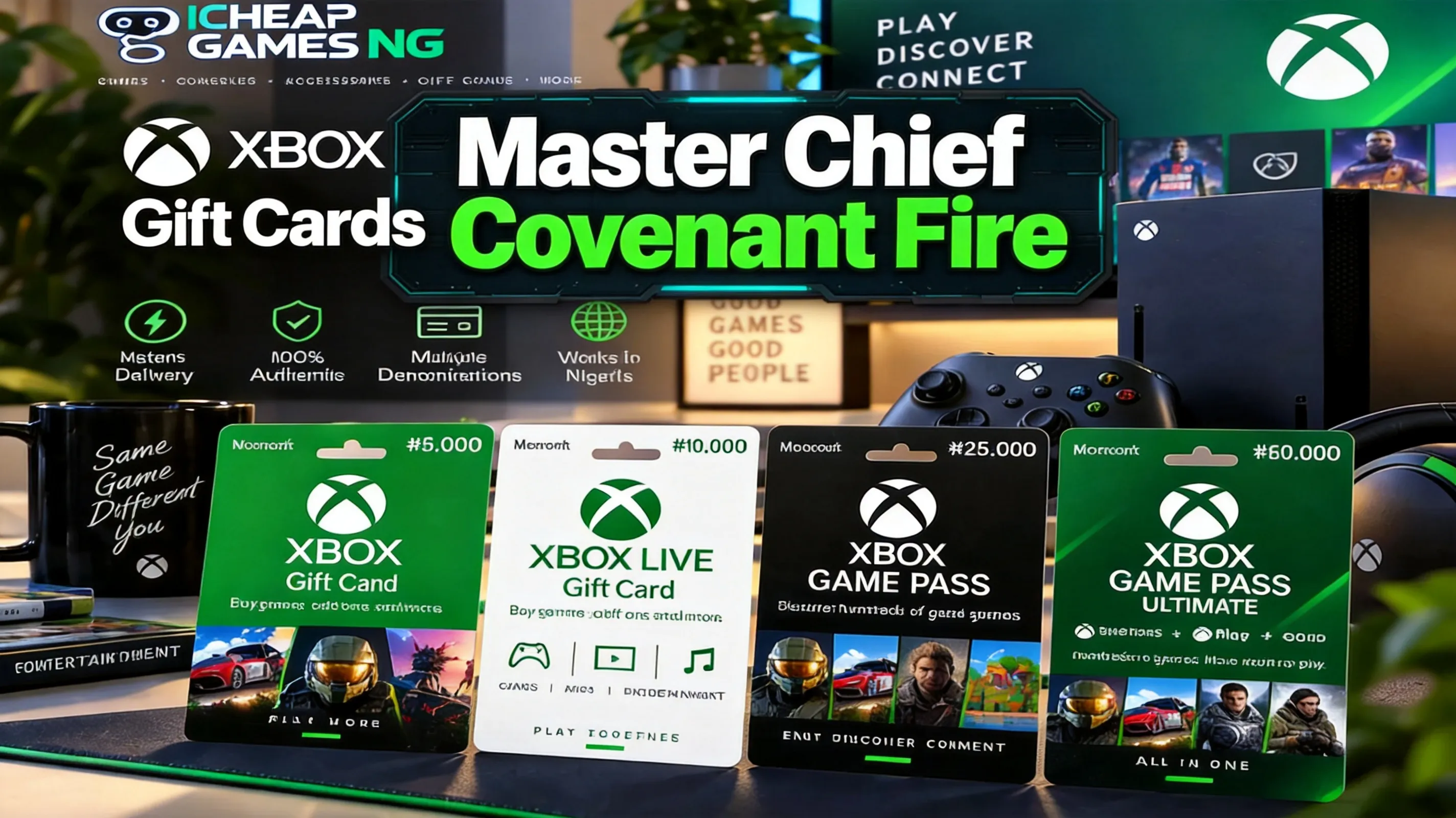 Master Chief firing rifle amid Covenant ruins