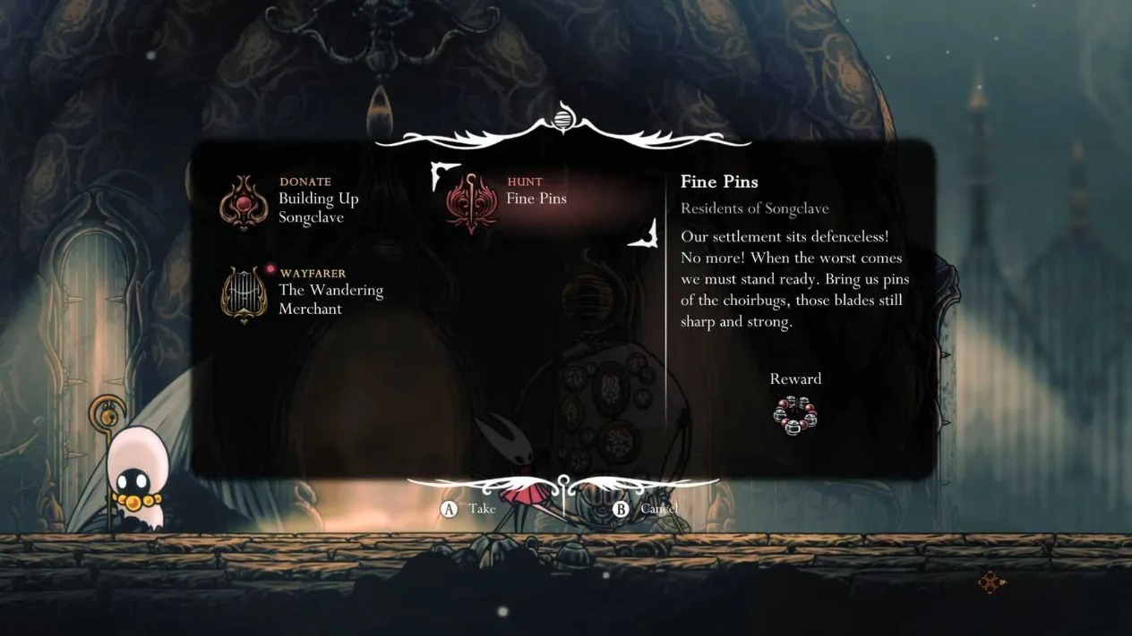 Hollow Knight Silksong taking Fine Pins request from Songclave