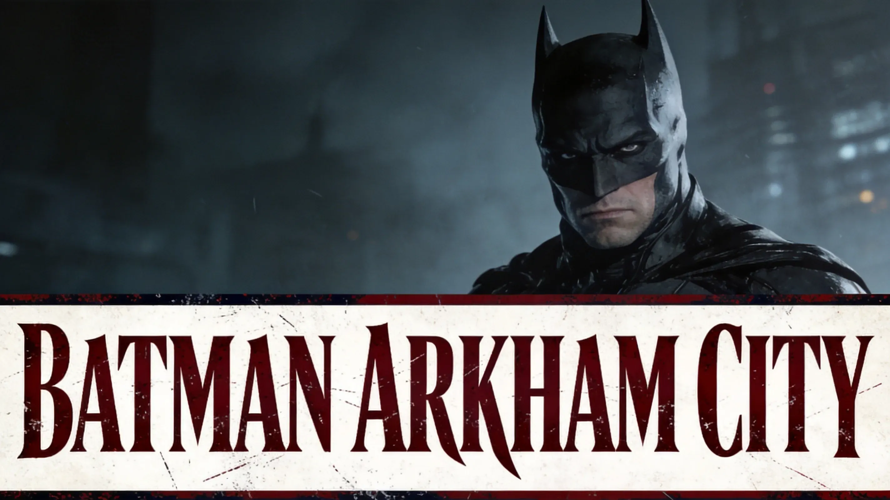 Batman gliding over Arkham City rooftops at night