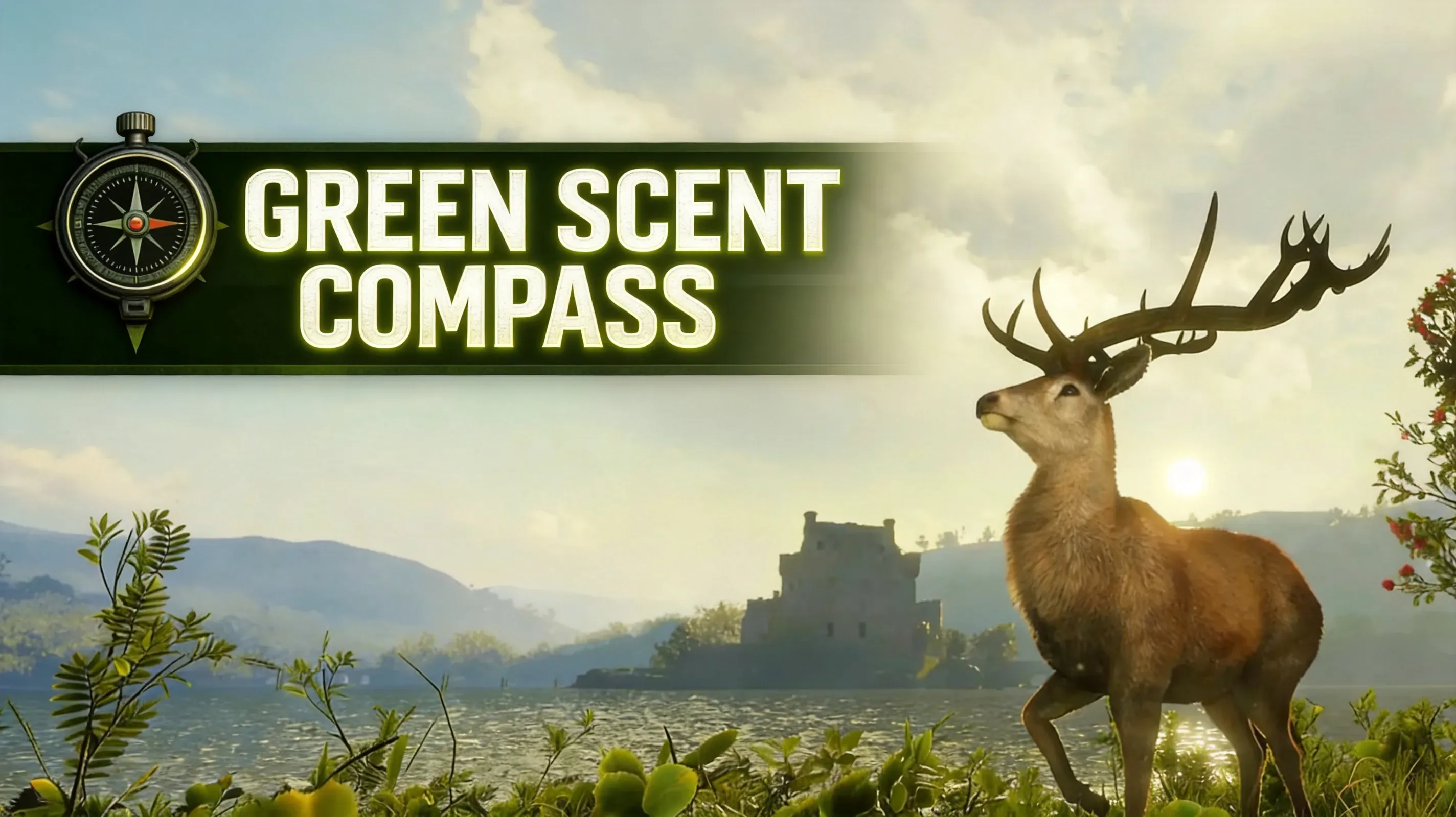 Green scent cone compass over dense forest hunting scene