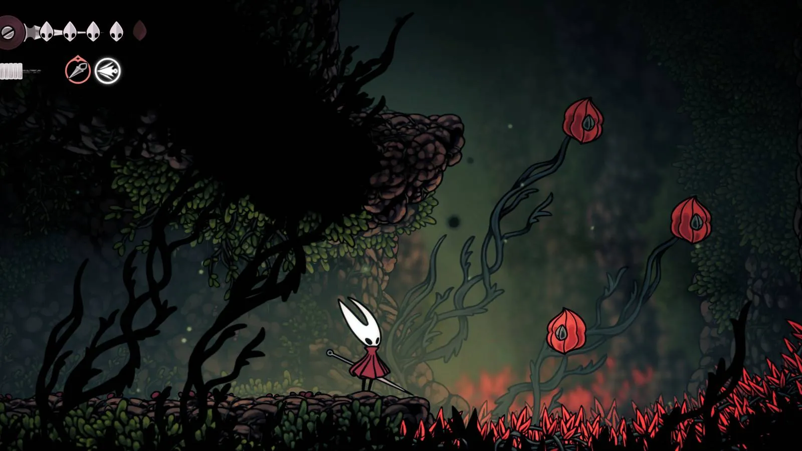 Hornet looking at a series of shriveled fruits in the Hunter's March area of Hollow Knight Silksong