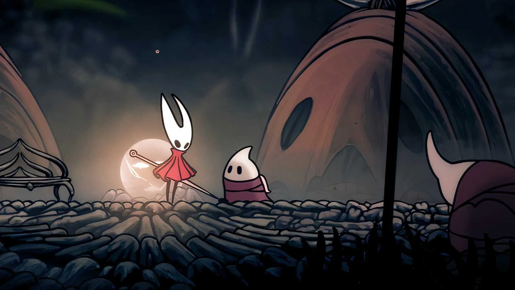 Hornet talking to a little pilgrim in Silksong