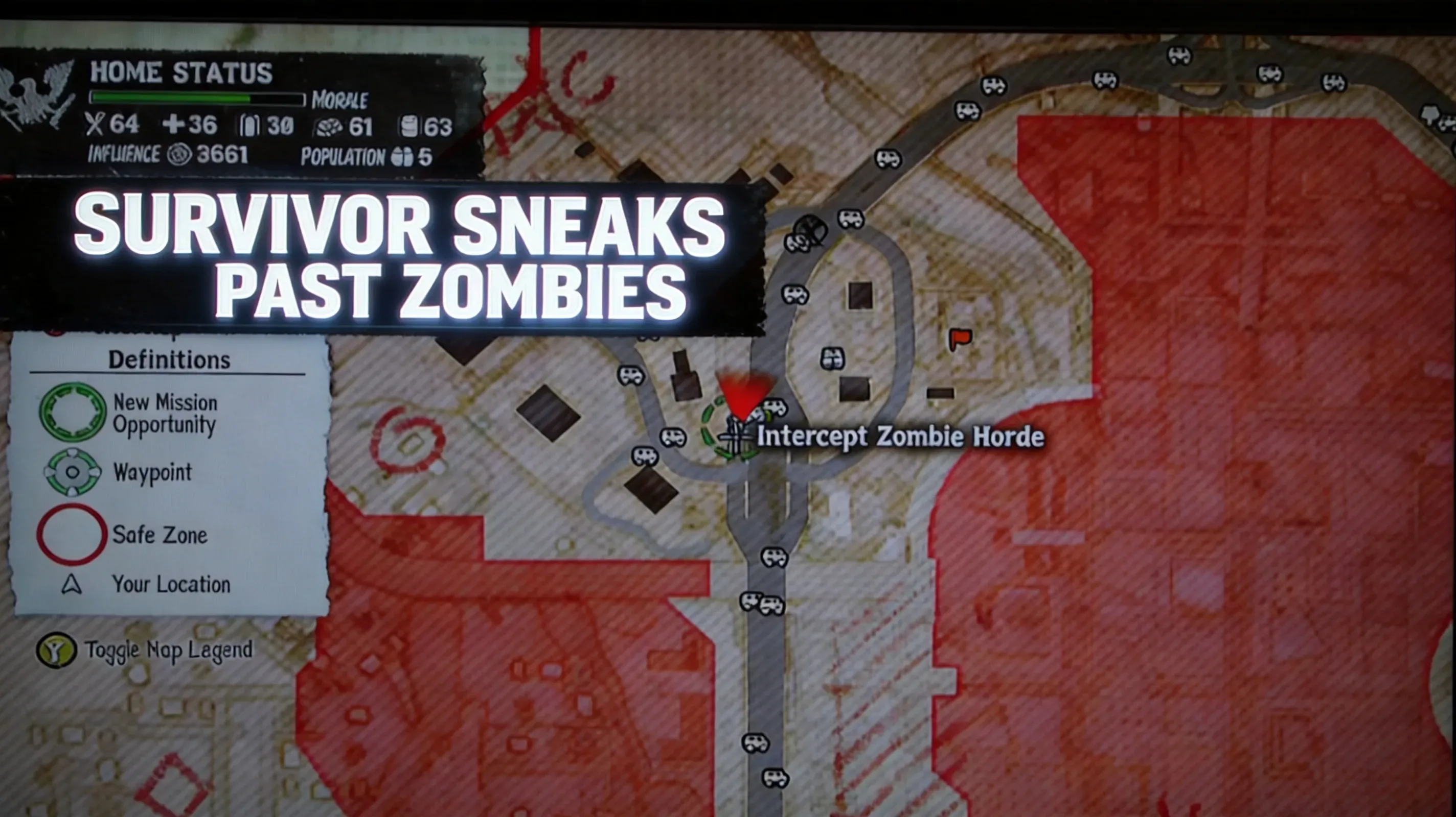 Crouching survivor sneaks past zombies near houses