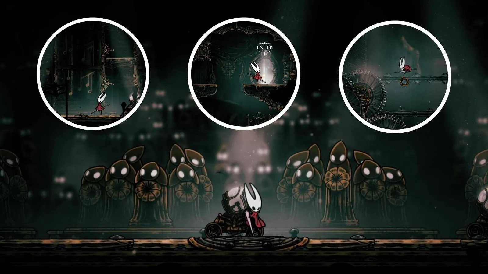 A knight silhouetted against the golden upper reaches of the Cogwork Core in Silksong