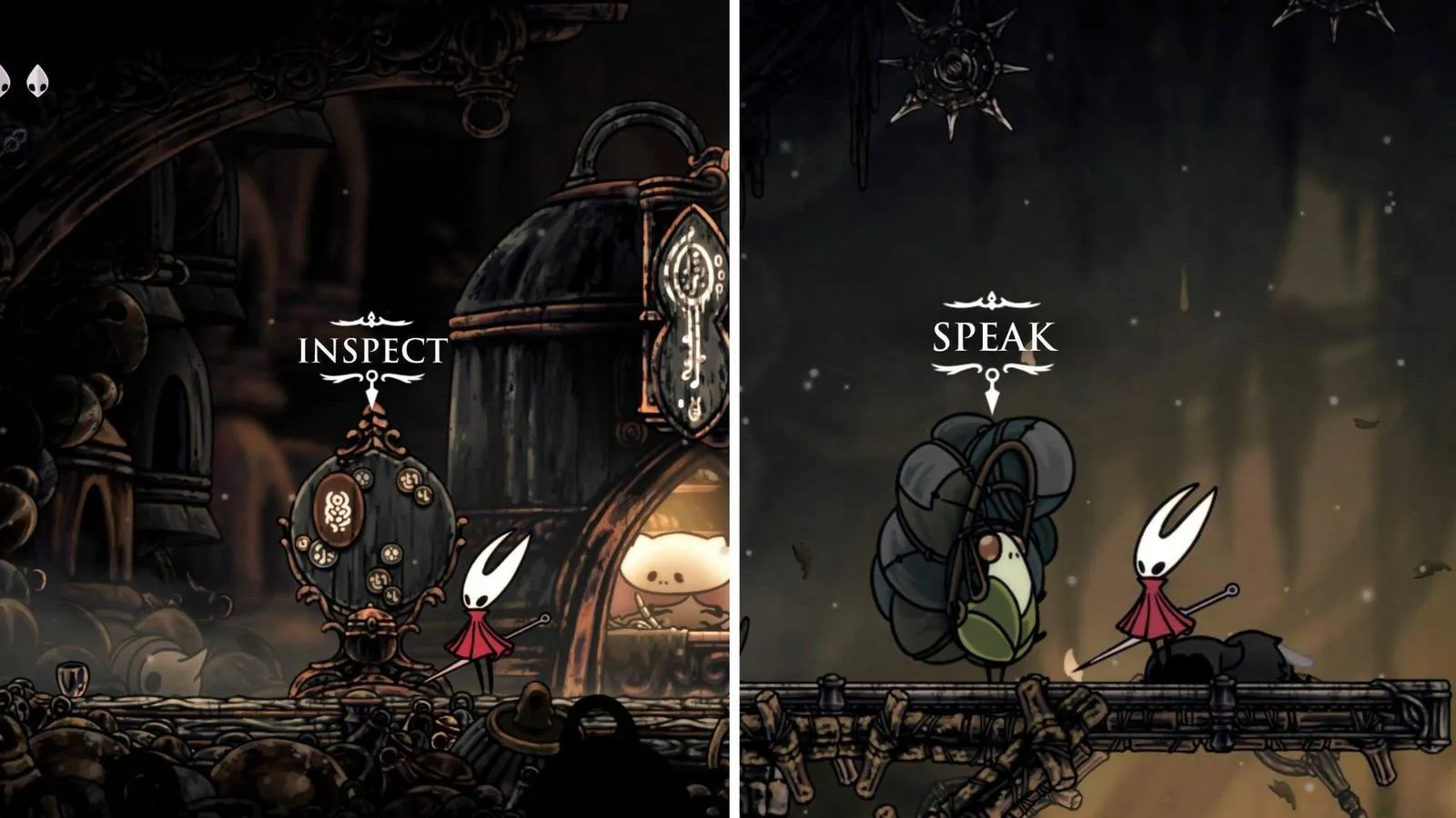 A lone Knight standing before a shadowy Silksong cavern