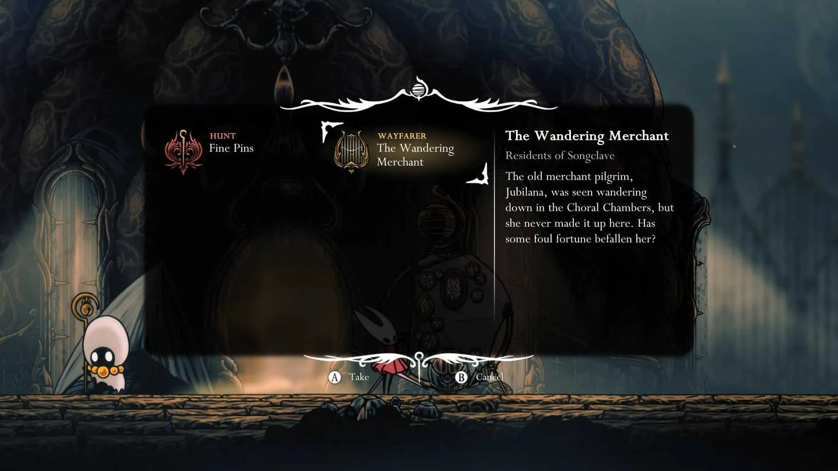 Hornet approaches the Wishboard in Songclave to begin the Wandering Merchant quest
