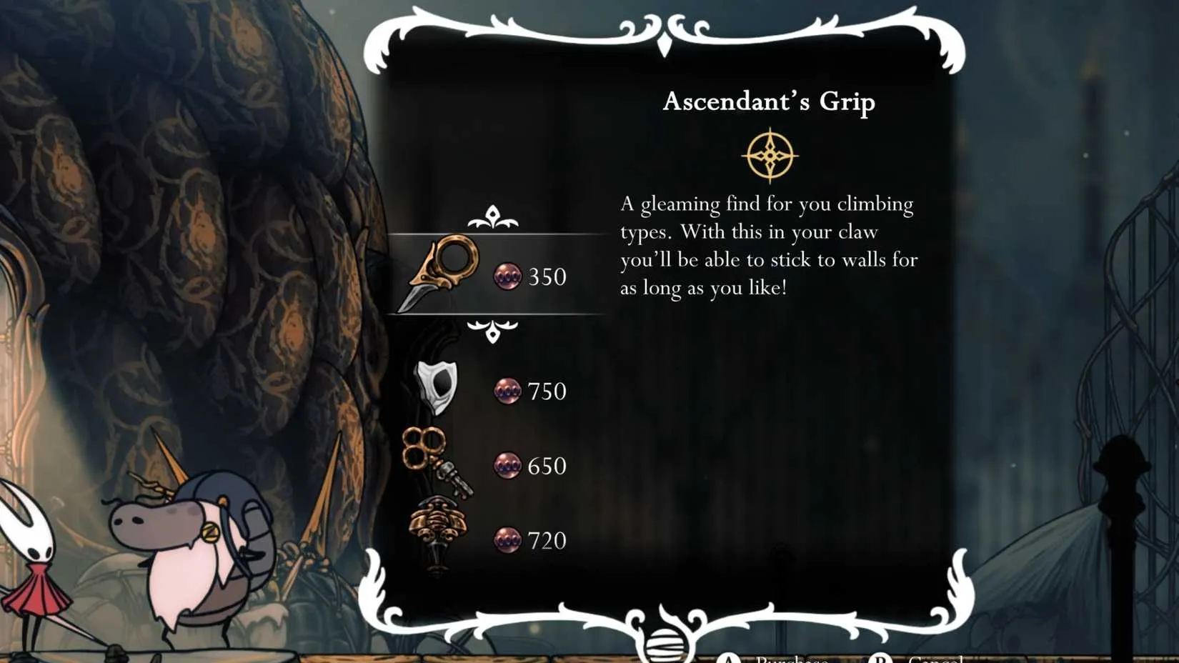 Hornet buys the Ascendant's Grip from Jubilana after completing the Wandering Merchant quest