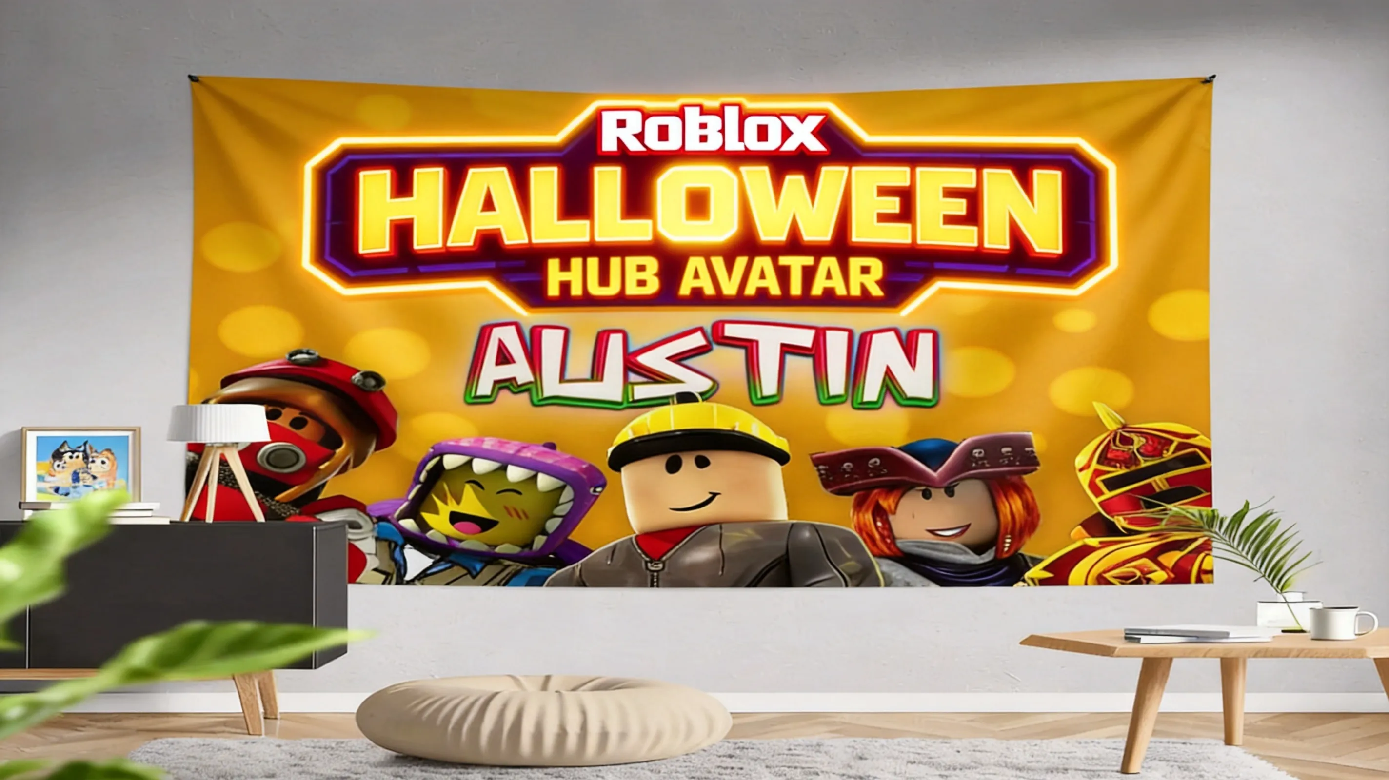 Roblox avatar in witch hat inside glowing Halloween hub