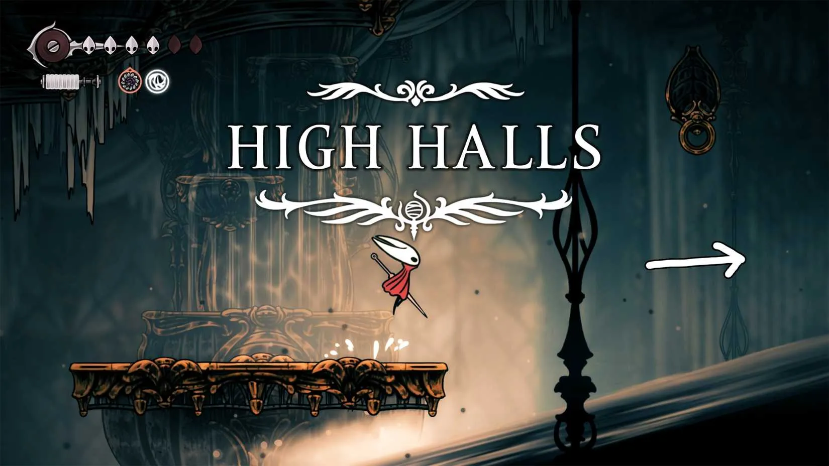 Hornet using the Clawline to reach platforms in the High Halls