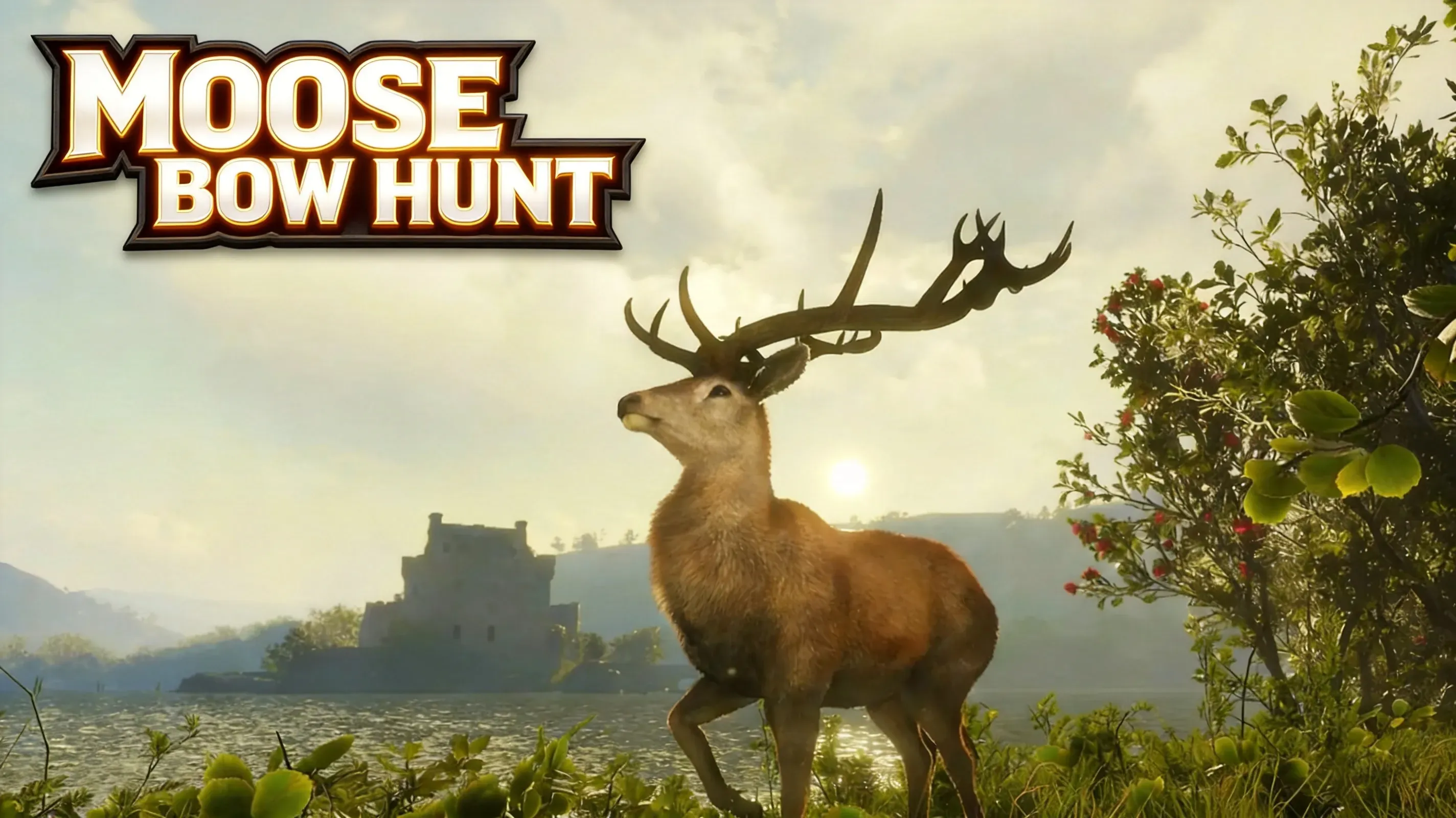 Hunter aims compound bow at drinking moose