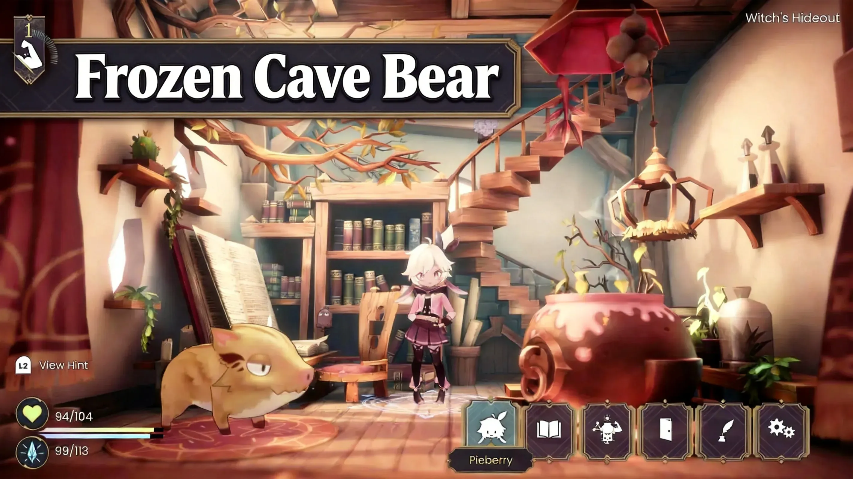 Pieberry facing giant white bear inside Frozen Cave