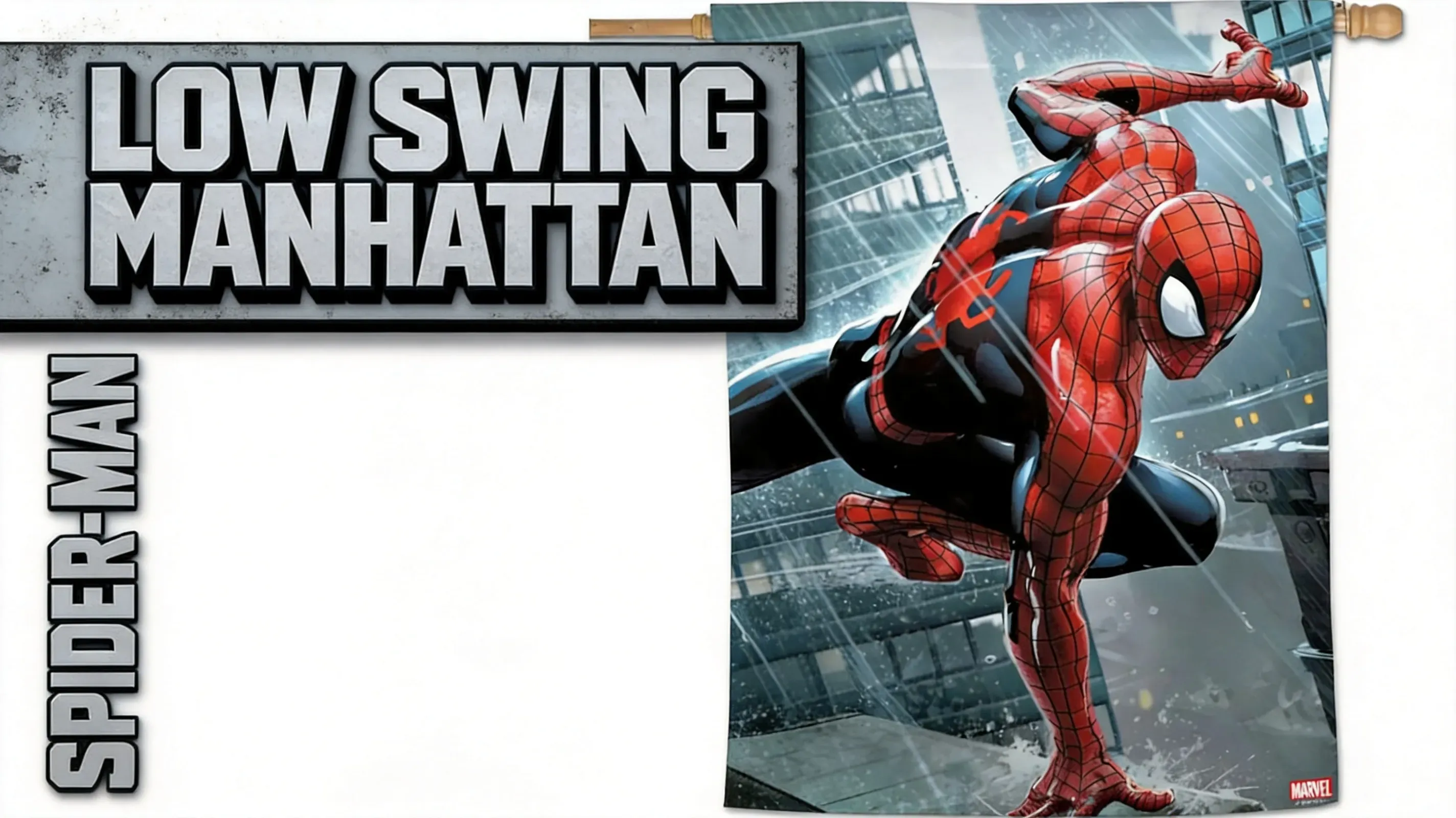 Spider-Man swinging low between Manhattan skyscrapers
