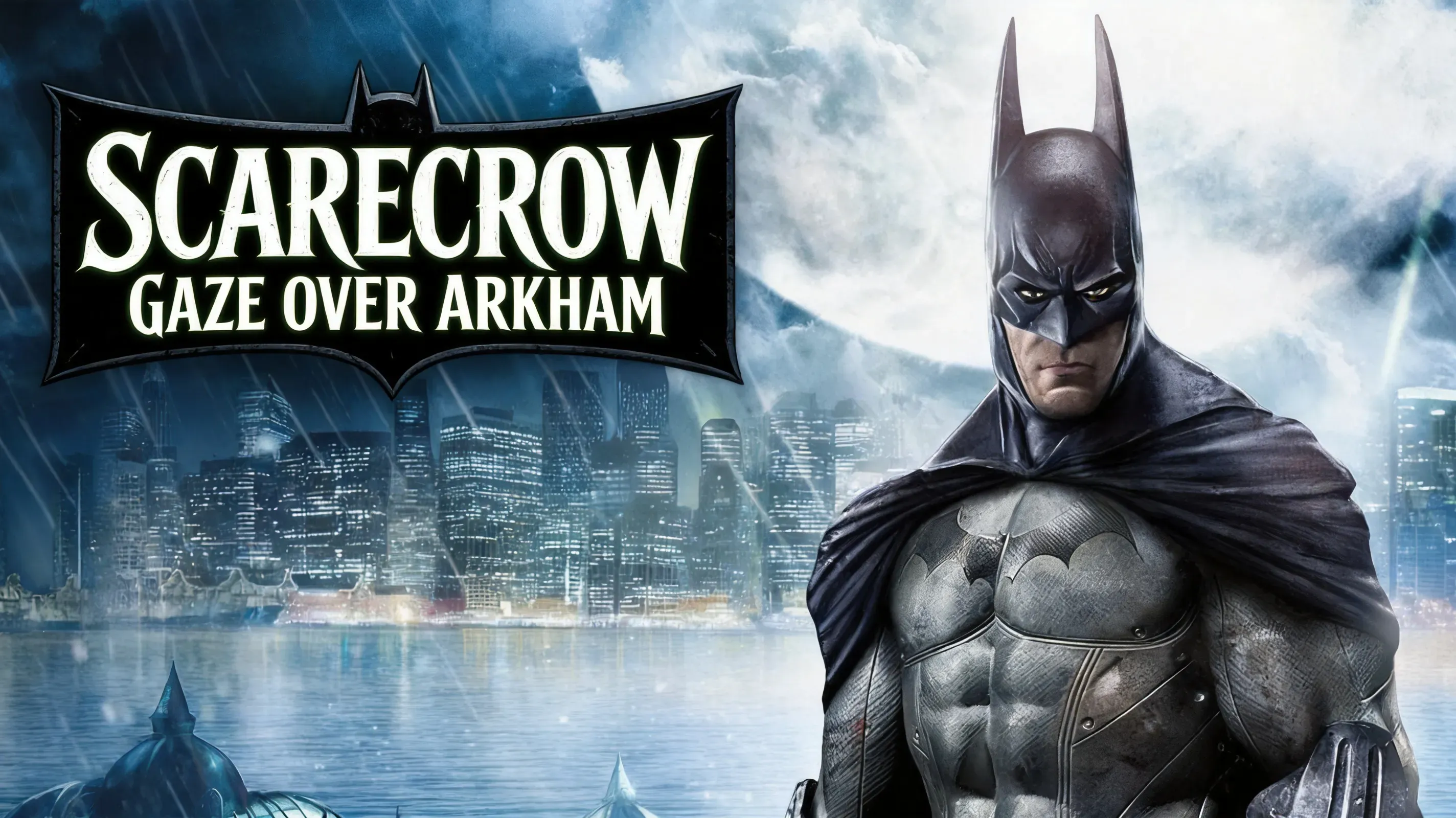 Giant Scarecrow gaze sweeping Arkham Asylum ruins