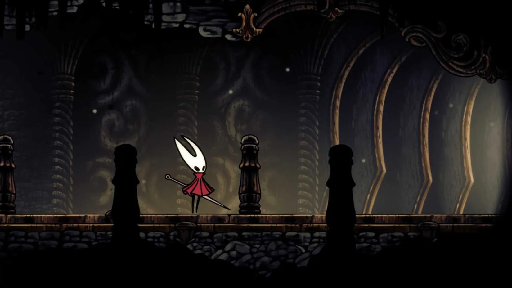Hornet at the Citadel entrance before the Last Judge in Silksong