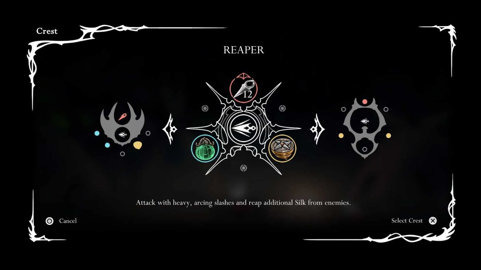The Crest selection screen showing different movement and build options