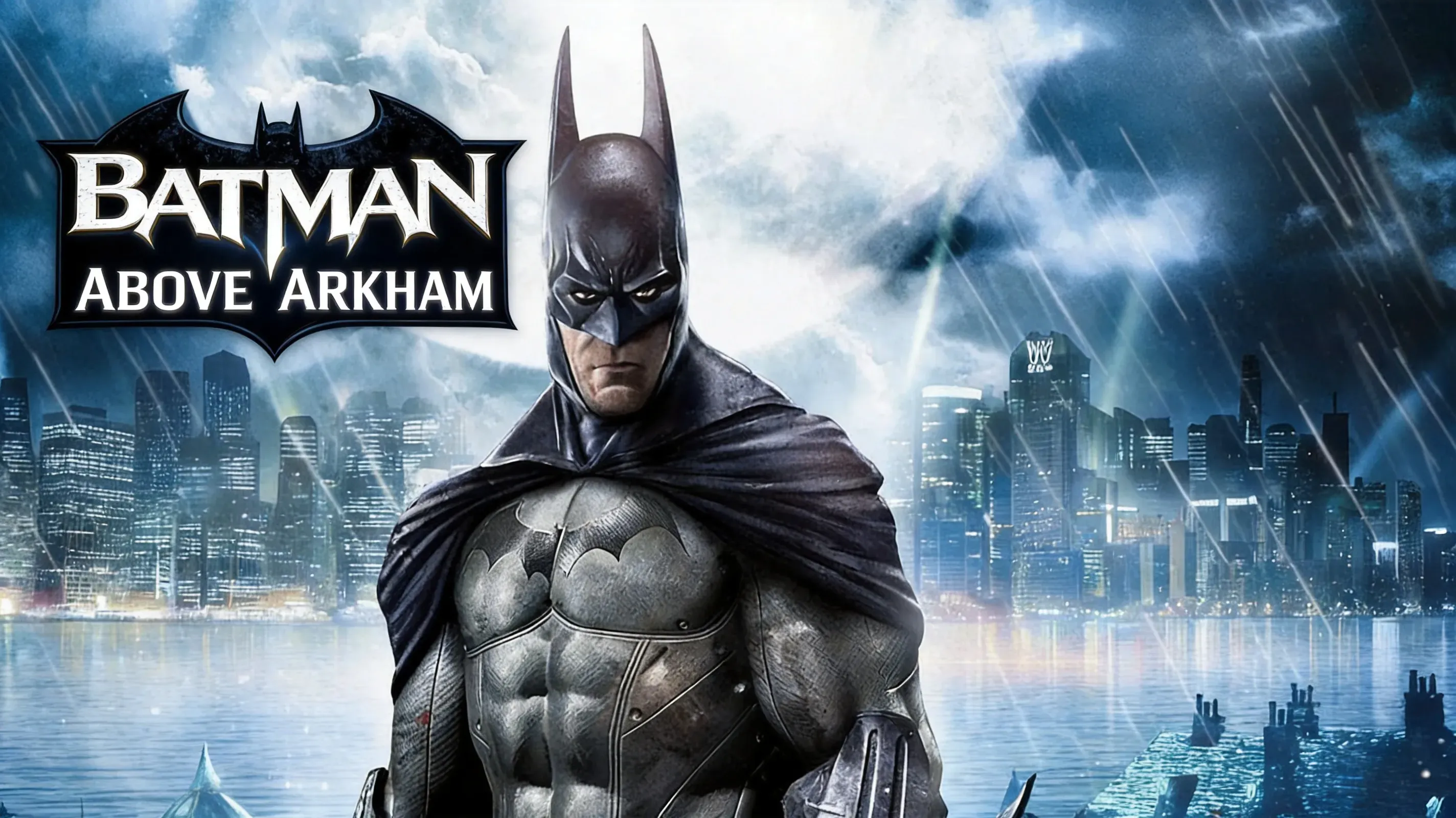 Batman grappling above Arkham Mansion library chandelier